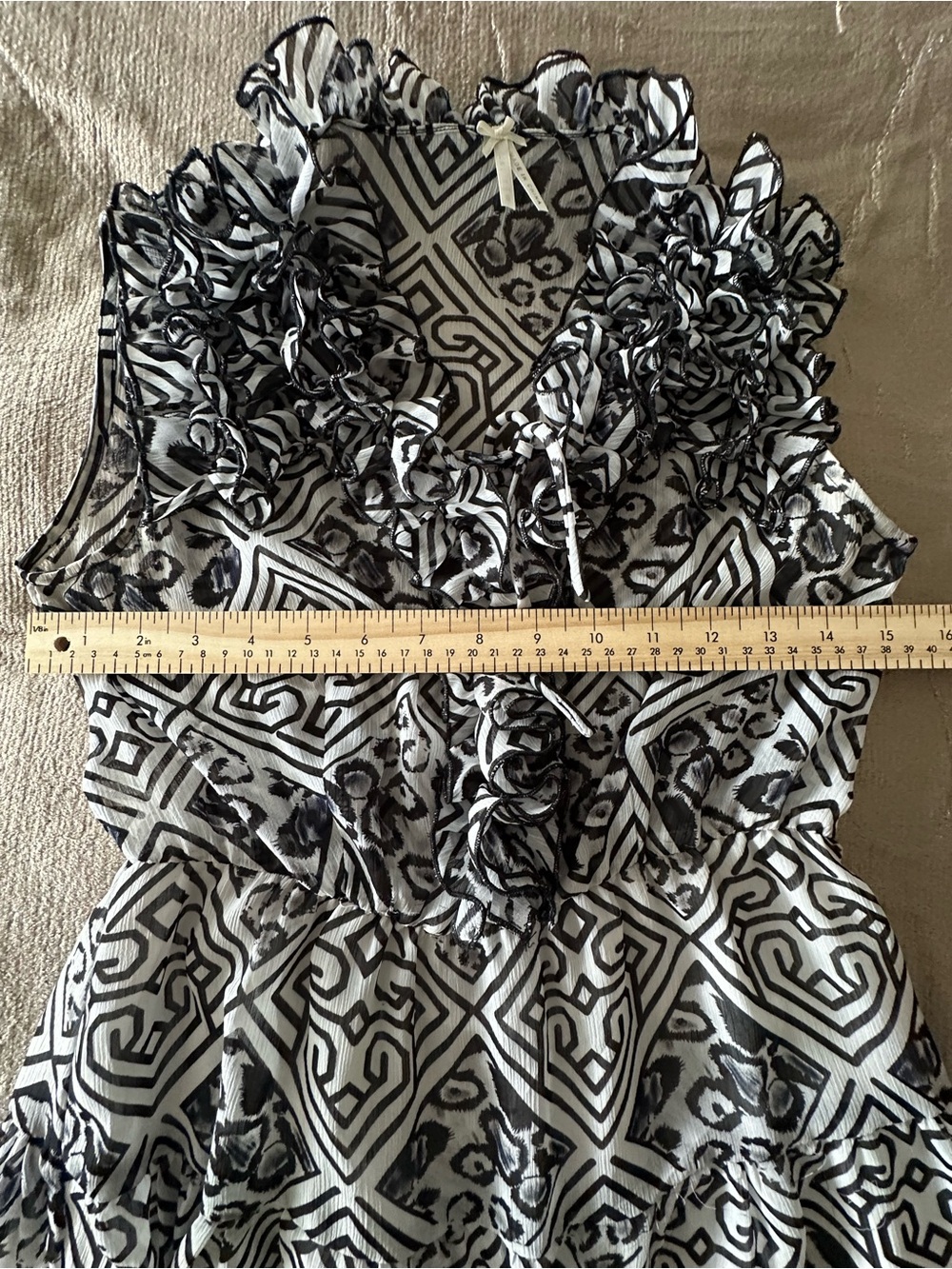 Lapis Black White Geometric Ruffle Midi Dress Sleeveless Tiered Flare Small - Picture 11 of 12